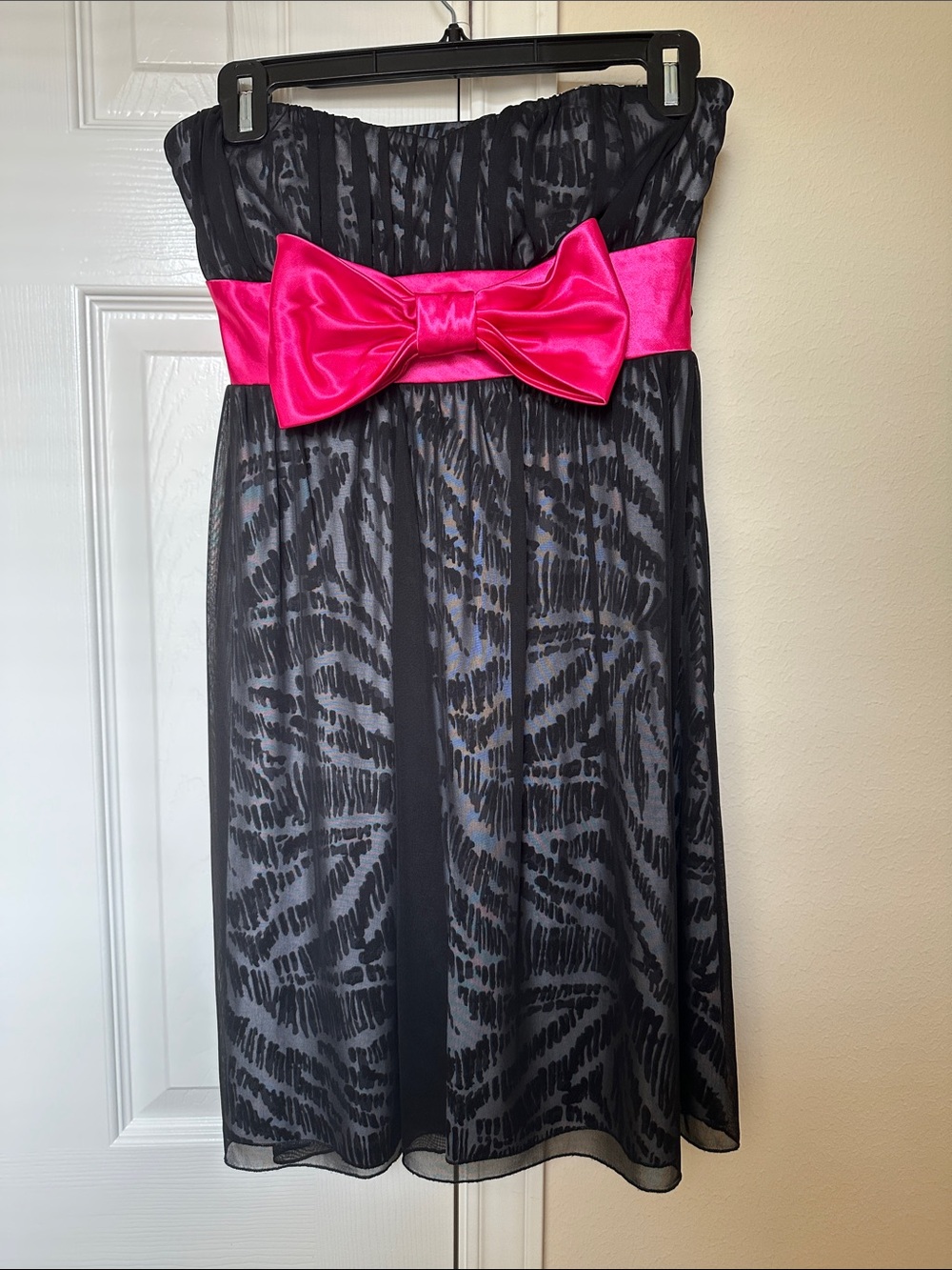Teeze Me Black Strapless Mini Dress with Hot Pink Sash and Bow